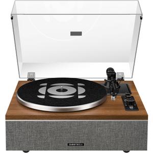 QLEARSOUL ONE-S Vinyl Record Player with Bluetooth Input/Output, All-in-One Vintage Turntable Built in Speakers, Phono Preamp & DSP, AT-3600L Cartridge, 33/45 RPM (Walnut)