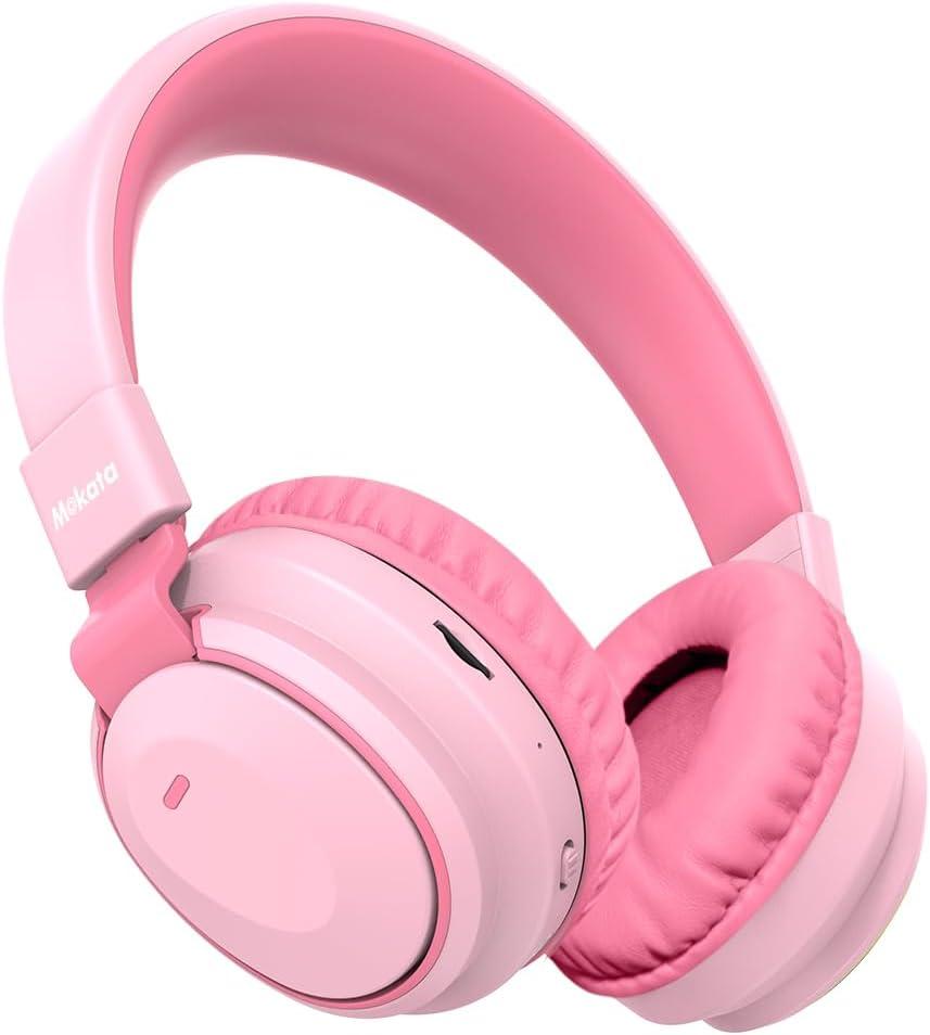 Mokata Kids Headphones Bluetooth 5.3 Wireless Lightweight Fast Charging 68 Hours Play Time Volume Limited 85/94dB Over Ear Foldable with Built-in Mic for Toddler Boy Girl Tablet Pad Pink