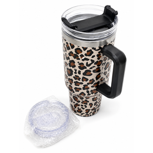 FECBK 40 oz Tumbler with Handle and Straw, 100% LeakProof Travel Mug, Stainless Steel Double Wall Vacuum Insulated Coffee Cup Keeps Cold For 34 Hours, Cheetah