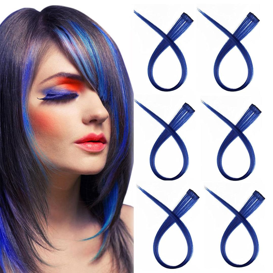 18 Inch High light Clip in Human Hair Extensions 100% Straight Clip on Party Highlights Colored Hair Extensions 6 Pieces/set (Blue)