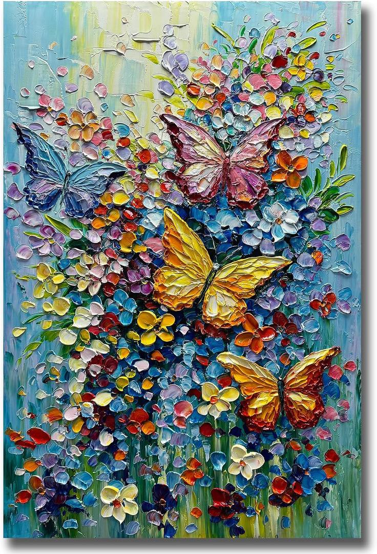 V-inspire Art,Modern Hand-Painted Oil Paintings Colorful Floral Acrylic Oil Painting on Canvas 30 x 45 inch Butterfly Flowers Wall Art Home Decoration