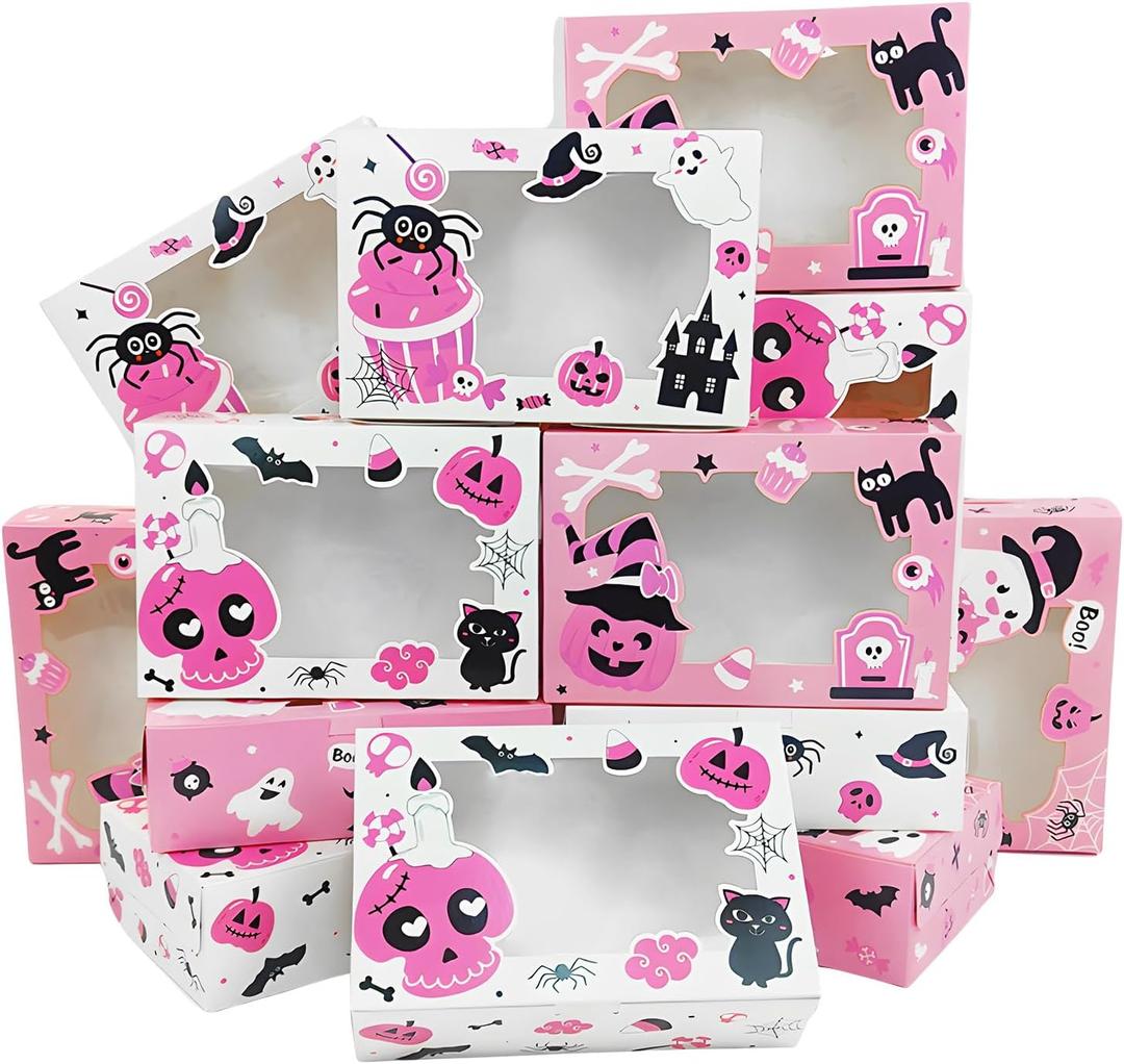24Pcs Pink Halloween Cookie Boxes With Window, Ghost Boo Pumpkin Gift Cardboard Paper Treat Bakery Boxes, Goody Container for Trick or Treat Party Supplies