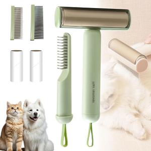3-in-1 Pet Grooming Brush for Dogs & Cats | Deshedding & Dematting Comb with Built-in Lint Roller | Use with Our Sticky Hair Remover for Complete Fur Care (Green)