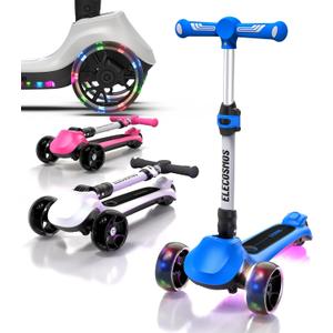 ELECOSMOS Kids Electric Scooter for Age 4-9, Light Up 3-Wheeled Scooter with Big LED Wheels, Wide Flashing Deck, Adjustable Height (Blue)