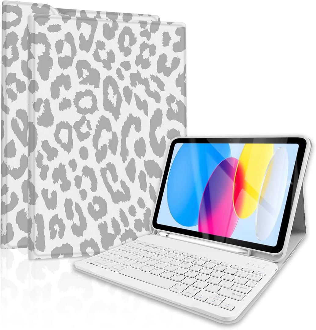TopPerfekt Case Keyboard for iPad Gen 11th (A16) 11-inch 2025 / iPad 10th 10.9-inch 2022Detachable, Rechargeable, Magnetically Absorbent, Pencil Holder for 10.9 inch Case with Keyboard- Grey Leopard