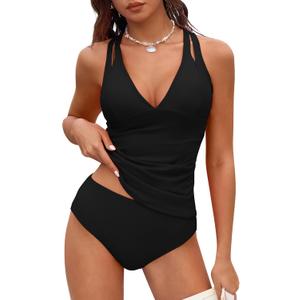 ZAFUL Womens Tankini Swimsuits Tummy Control Two Piece Bathing Suits Modest Ruched Tie Back Swimwear Mid Rise (Large, Black)