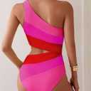 TASHEHE Women's One Shoulder One Piece Swimsuit Sexy Neon Color Block Bathing Suit Modest Full Coverage Cutout Swimwear (Pink, S)