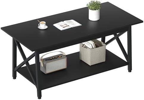 GreenForest Black Coffee Table with Storage Shelf 39 inch, 2 Tier Rectangular Center Table for Living Room, Modern Farmhouse Small Table for Home Office, Easy Assembly