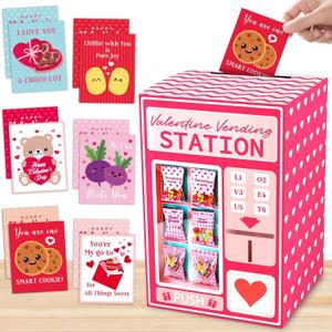 Valentines Boxes for Kids Vending Machine Box with 60 Valentine Cards Pink Heart Valentines Day Mailbox Box Greeting Cards Set for Kids Girls Boys School Classroom Exchange Gifts Party Favors Supplies