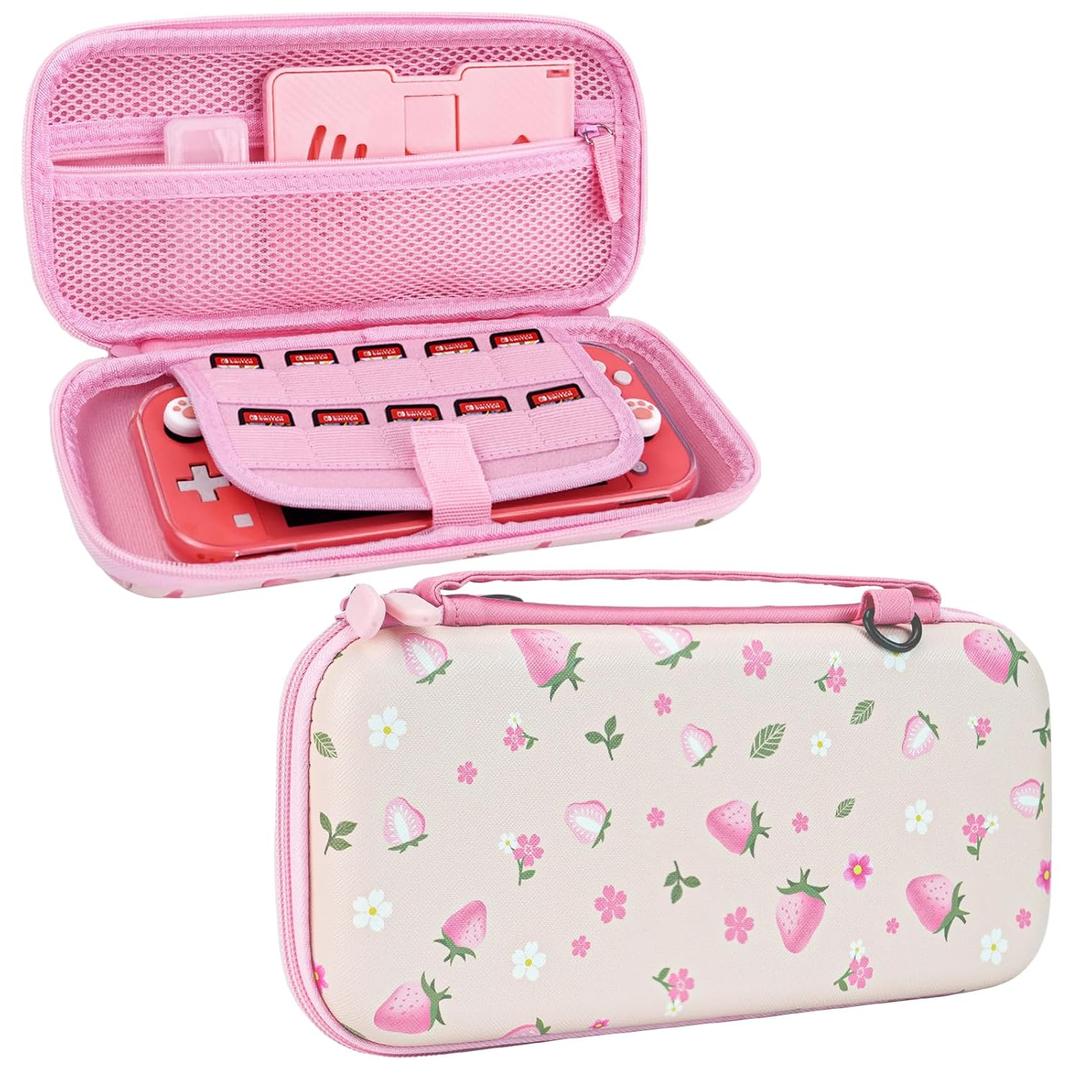 Switch Lite OLED Case Carrying Case- for Nintendo Switch Accessories with Detachable Shoulder Strap,Hard Shell Protective Cover Travel Bag with 10 Game Card Slots,for Girls Cute Strawberry Pink