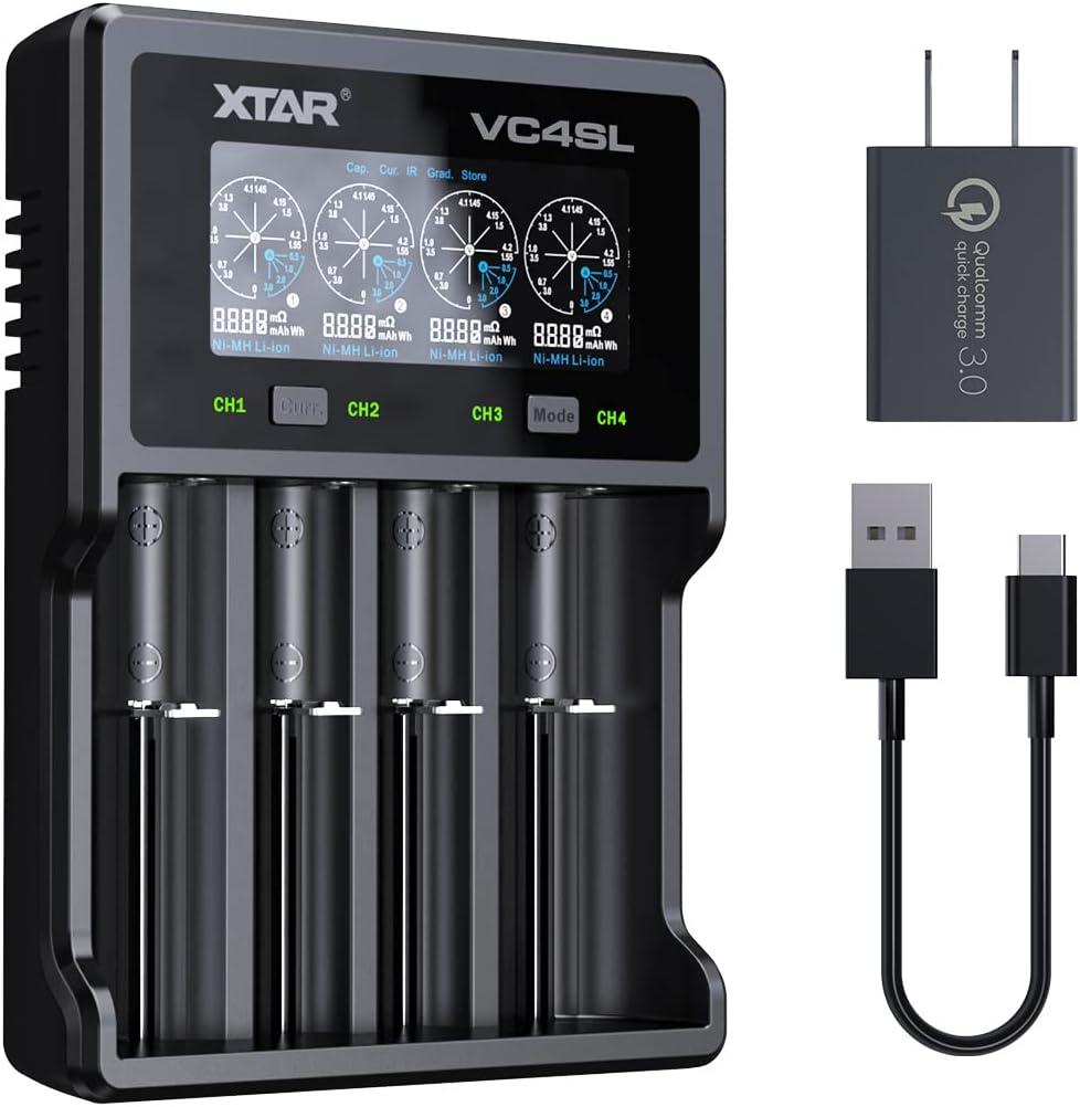 XTAR VC4SL 3A Fast Charger 4-Bay, 18W QC3.0 Adapter Included, LCD Battery Analyzer for Li-ion 21700 18650 & NiMH AA/AAA Rechargeable Batteries
