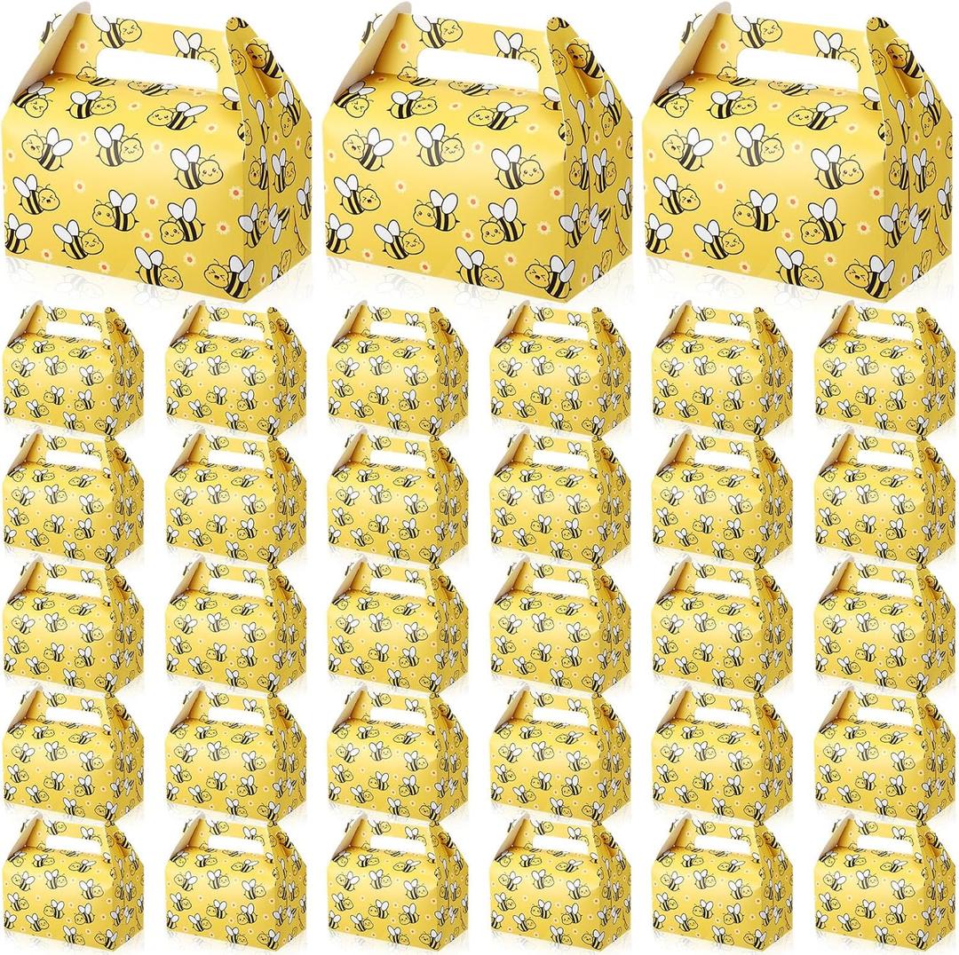 Feifeiya 30 Pcs Bee Candy Boxes With Handles Paper Bee Party Favor Treat Boxes Easy Assemble Gift Bags for Birthday Baby Shower Wedding Kids Party Supplies Decorations