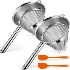 Nuogo 2 Set Stainless Steel Chinois Strainer Fine Mesh Metal Food Bouillon Sieve Strainer Cone Fine Mesh Strainer with Handle and Silicone Spatula for Sauce Jam Jelly Tea(10 Inch)
