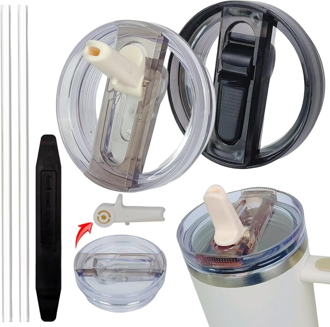 2 Pack 30 oz Tumbler Detachable Flip Straw Lid Replacement Fit for Stanley Quencher ProTour,Leak Proof Lid Compatible with Stanley Cup,No Spill Flip Top Tumbler Cover for Stanley Cup Accessories (off-white+black)