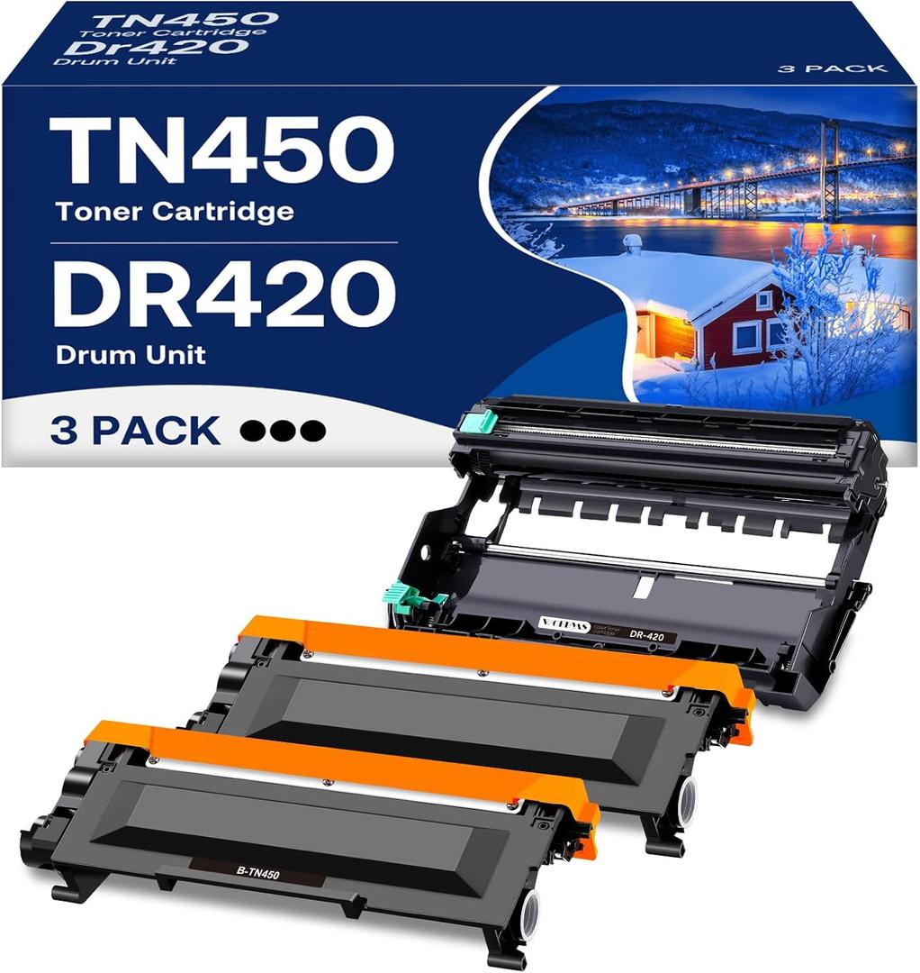 TN450 Toner Cartridge DR420 Drum Unit Replacement for Brother TN450 TN-450 TN420 DR-420 Work with HL-2270DW HL-2280DW HL-2230 MFC-7860DW Intellifax 2840 2940 (2 Toner +1 Drum,3 Pack)