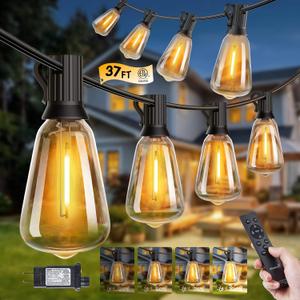 Minetom 37FT Outdoor String Lights with Remote, 11+1 Shatterproof ST38 LED Bulbs, Waterproof Patio Lights with 3 Modes, Dimmable & Connectable 2700K Hanging Lights for Backyard Porch Deck Balcony