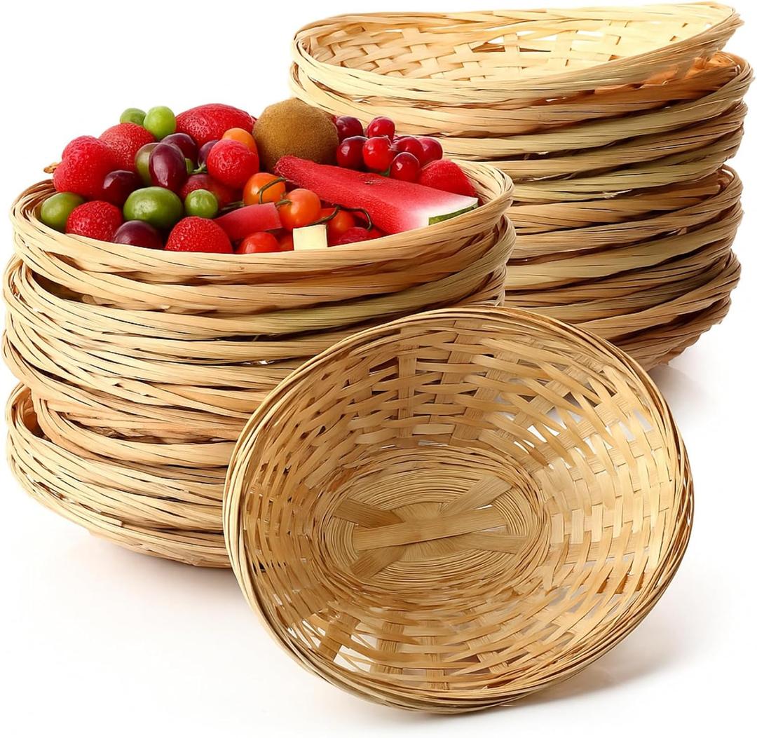 24 Pack Oval Bamboo Basket Tray 9.25 x 6 Inches Bamboo Small Bread & Fruit Baskets Woven Food Serving Tray for Kitchen Restaurant Display Decoration