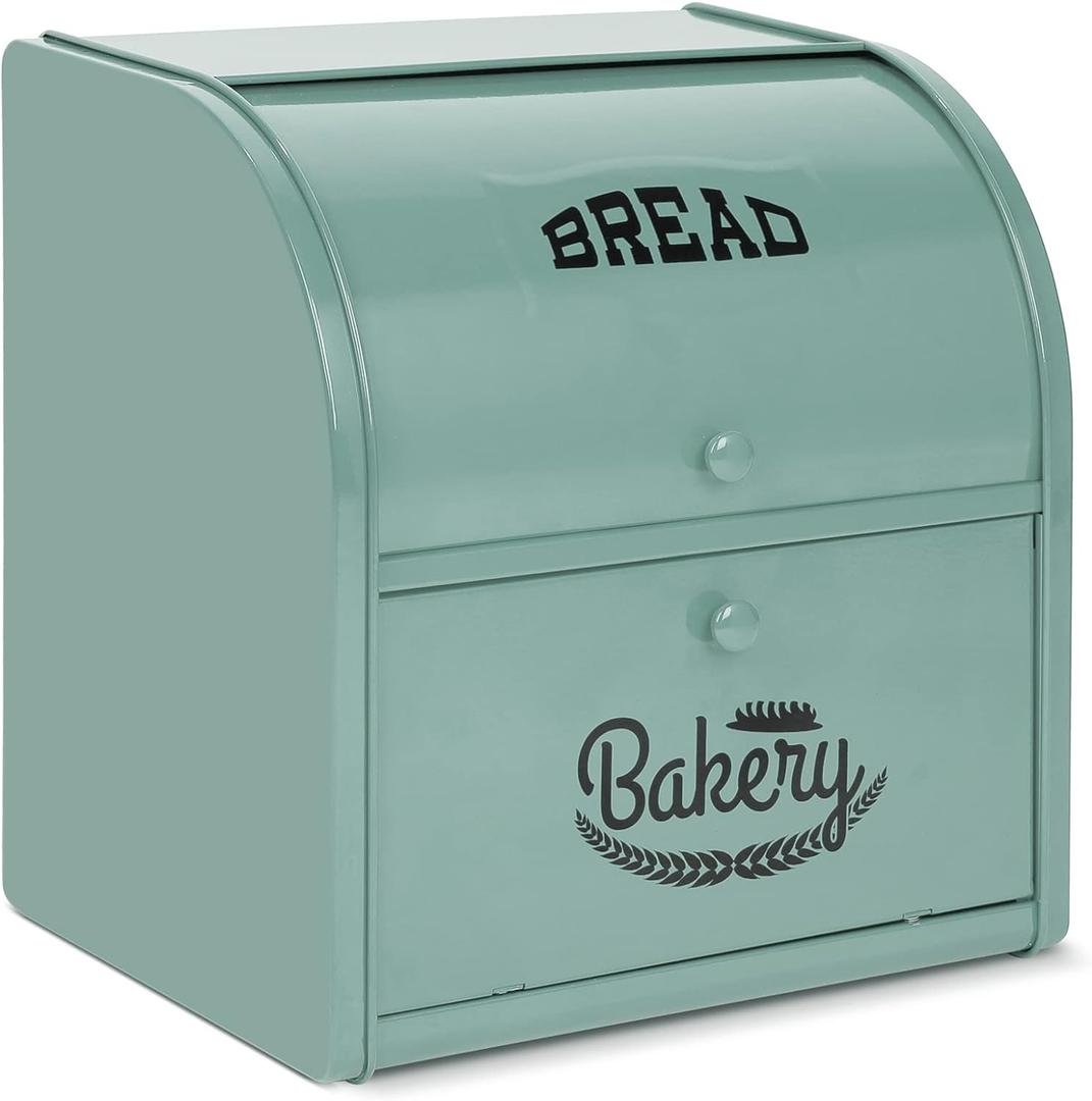 Stainless Steel Bread Box, 2 Layer Roll Top Bread Boxes, Large Capacity Food Storage Container for Kitchen Counter, Metal Bread Bin, Bread Holder for Countertop 11.8" x 9.6" x 12.8" (Green), 12.6" L x 9.7" W x 12.8" H