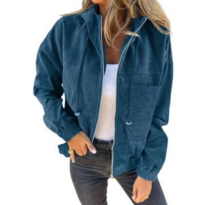 VICHYIE Corduroy Drawstring Hooded Pocket Zip Up Jacket Loose Shacket Coat (X-Large, Blue)