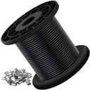304 Stainless Steel Wire Rope Cable, Black Vinyl Coated - Outdoor Light Guide Wire for String Lights, Clotheslines - 1/16 Inch Overmolded to 3/32 Inch, 100ft