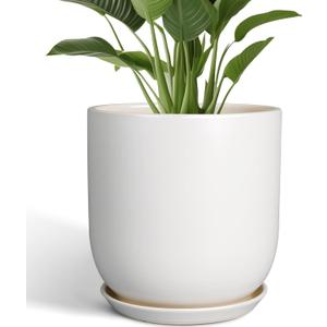 Plant Pot 12 inch - Ceramic Pot for Plants Indoor Outdoor Large Planter Pot with Drainage Hole and Saucer Mid-Century Modern Flower Pot Cylinder White