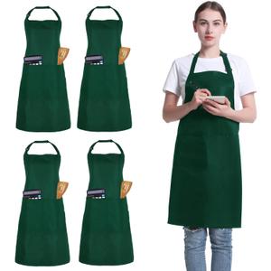 4 Pack Chef Apron, Adjustable Apron with 2 Pockets, Unisex Personalised Apron for Cooking, Kitchen, Restaurant (Green)