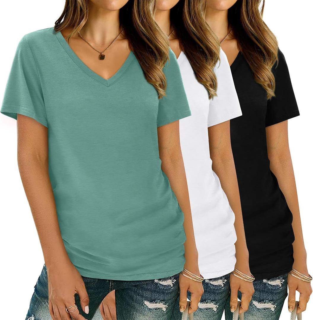 XIEERDUO Womens T Shirts V Neck Summer Tops Basic Short Sleeve Shirts 2 Pack/3 Pack (S)