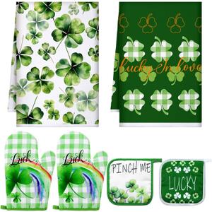 2 x Bencailor 6 Pcs St. Patrick's Day Kitchen Decor Set Kitchen Towels Oven Mitts Pot Holder Irish Shamrocks Leprechauns Gnome Rainbow Lucky Party Gifts Decorations for Home Housewarming