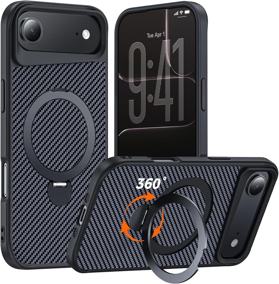 Designed for iPhone Air Case with 360 Magnetic Stand, Carbon Fiber Phone Case [Compatible with Magsafe] [15FT Military Protection] with Stand Ring 6.5'', Black