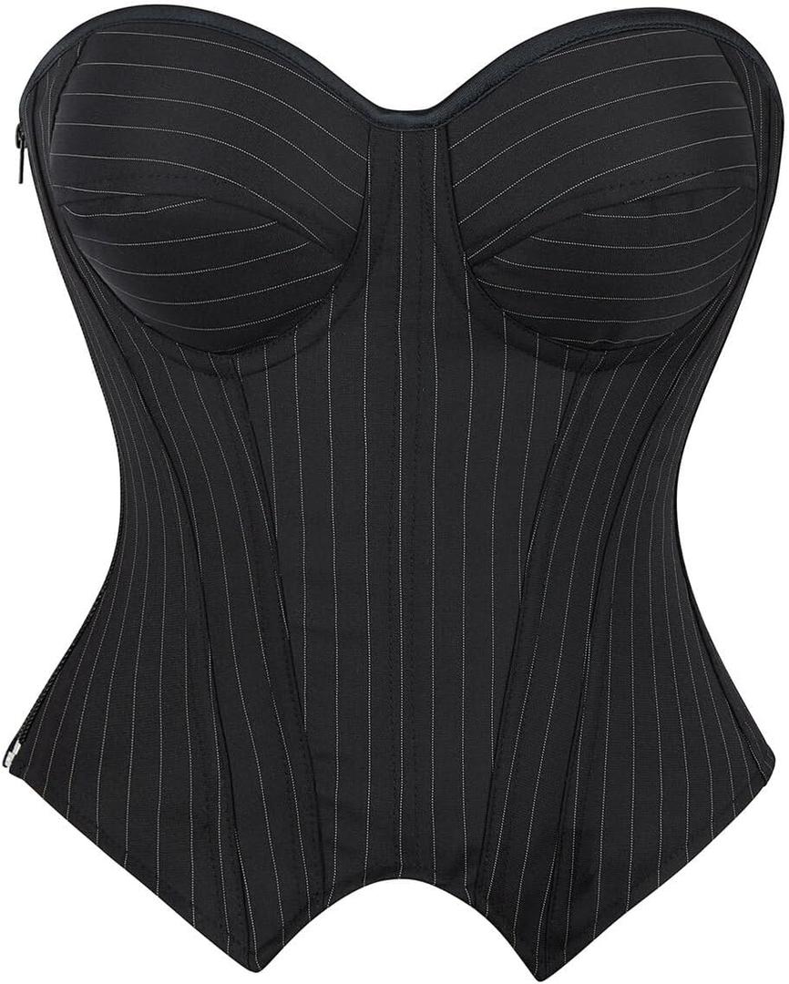 SHYMMUO Women Black Corset Top Elegant Strapless Bustier Tops Lace Up Sexy Office Lady Cosplay Costume Secretary Outfit, XL 