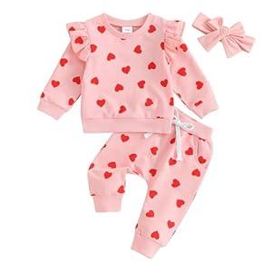 CIYCUIT 3Pcs Baby Girl Valentines Day Outfit Sweatshirt + Pants + Headband Clothes 12-18 Months