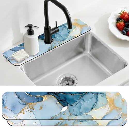 CONCHLERY 2 Pcs Kitchen Sink Splash Guard Faucet Mat Marble Texture Faucet Mat for Sinks Absorbing Drying Mats for Kitchen Bathroom, 23.6x5.5inch