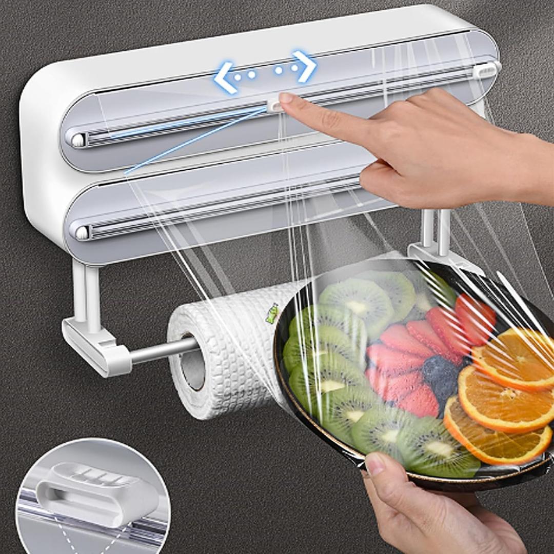 AUSTUFF 3 in 1 Plastic Wrap Dispenser with CutterMagnetic Aluminum Foil and Adhesive Film Organizer, Wall Mount Kitchen Wrap Organizer, Cling Wrap Dispenser with Paper Towel Holder and Cutter