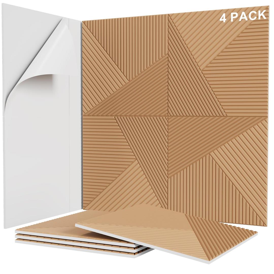 Sunlysound 3D Textured Wood Grain Sound Acoustic Wall Panels, 23.6'' x 23.6" Noise Dampening Modern Wall Decor, Peel and Stick for Noise Reducing in Home Office, Studio, Gaming Room (Burlywood)