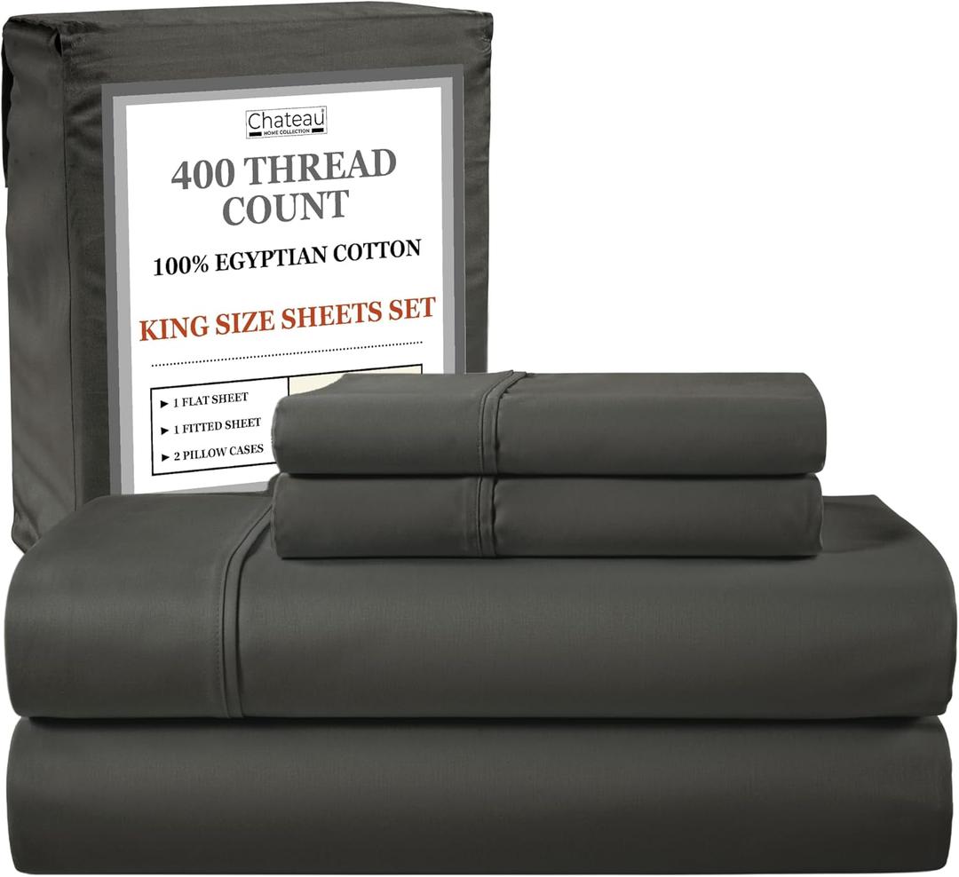 100% Cotton Sheets King Size Sheets Set With Fitted Sheet & Pillowcase Sets, 400 Thread Count Sateen Weave 4 Piece Deep Pocket King Sheet Set, Soft & Comfy Naturally Cool Luxury Bedding- Charcoal