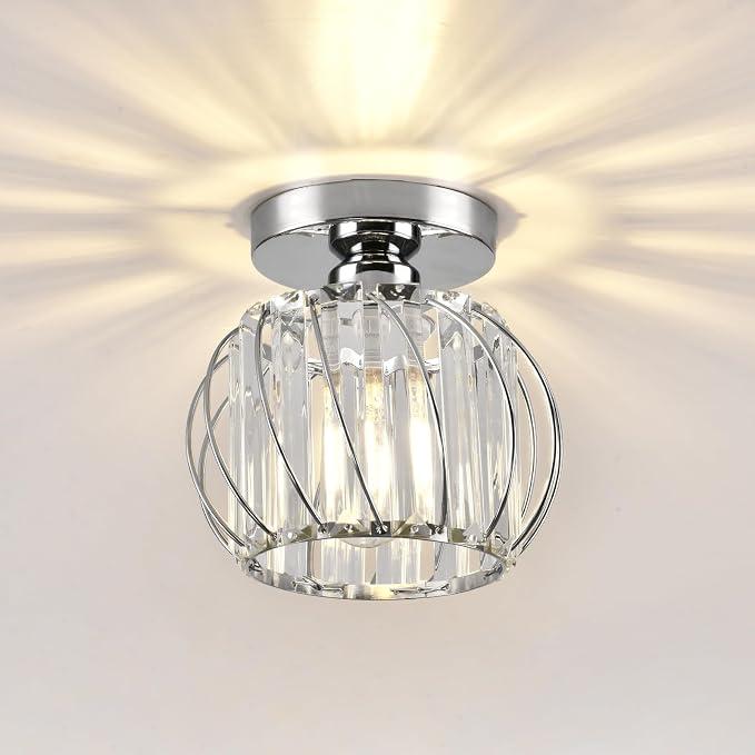 Crystal Semi Flush Mount Ceiling Light, Silver Crystal Chandelier for Kitchen, Hallway, Dining Rooms, Living Rooms, Bar, Farmhouse, 7.4 x 7.4 x 4.7 inches