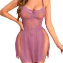 RSLOVE Women Sexy Babydoll Lingerie Lace Nightgowns Nighty Mesh Sleepwear Wedding Lingerie For Bride (Medium, Light Purple)