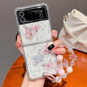 KERZZIL Cute Girly Lanyard Compatible with Samsung Galaxy Z Flip 4 Case, Bling Glitter Butterfly Soft TPU Mil-Grade Shockproof Protective Cases Cover for Women(Pink,Flip 4)