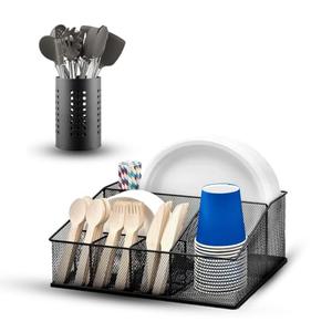 SHASABALI Paper Plate Organizer with Utensil Holder 6 Compartment Metal Paper Plate Dispenser for Plates, Cups, Napkins, Cutlery Countertop Silverware Party Holder for Kitchen, Party, BBQ & Camping