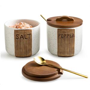 Salt and Pepper Bowl Ceramic, 10 Oz Salt and Pepper Cellar with Lid and Spoon, Farmhouse Salt Containers for Countertop, White
