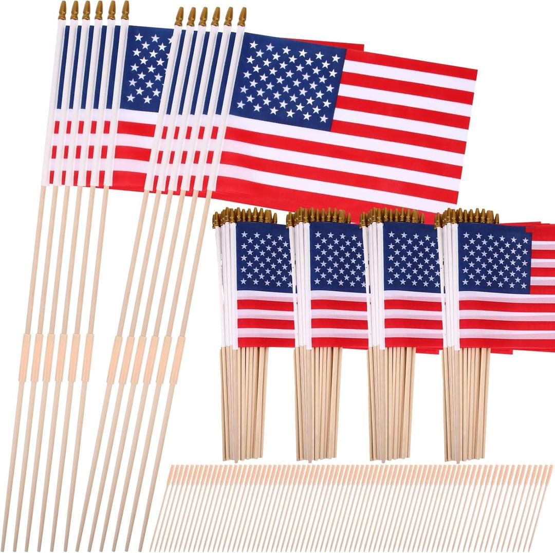 Batiyeer 100 Pcs Small American Flags on Sticks 8 x 12 Inches Little American Flags for Outside Little Us Stick Flags with Handheld and Grounded Multi Purpose Flagpole for 4th of July Veterans Day
