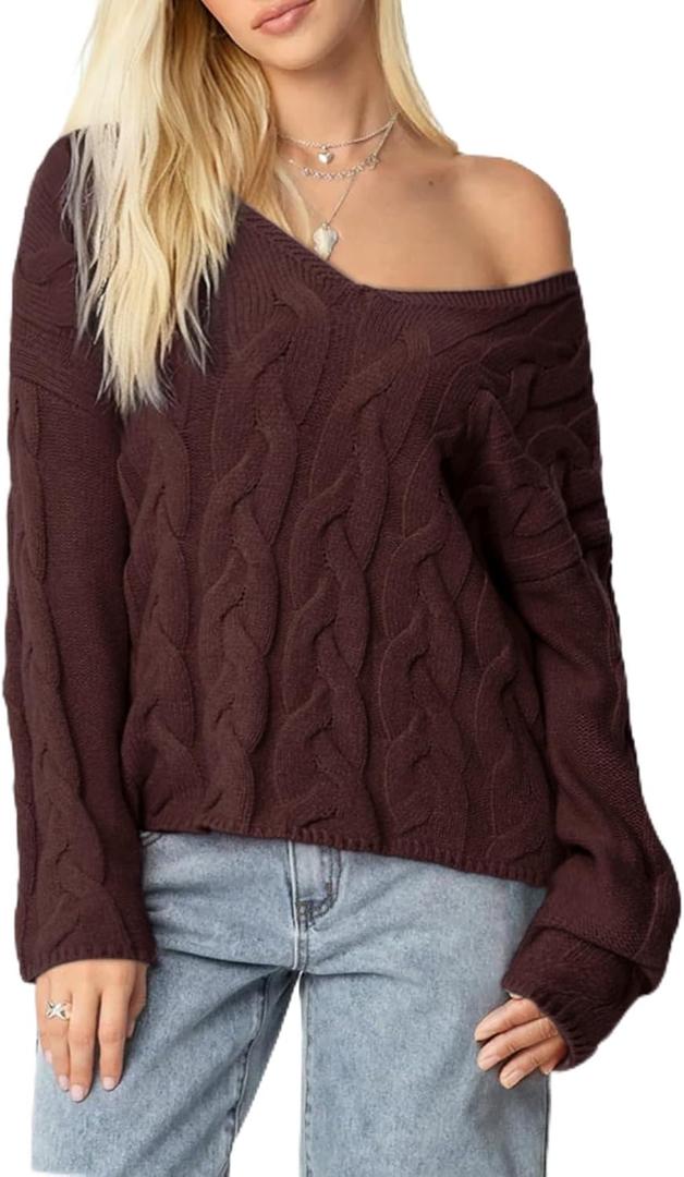 SUUKSESS Women Oversized Cable Sweaters V Neck Long Sleeve Knit Trendy Outfits (Brown, L)