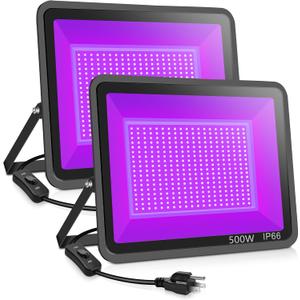 2 Pack 500W LED Black Lights,Outdoor Flood Blacklight Light with Plug, IP66 Waterproof 395nm to 410nm forGlow in The Dark, Dance Party, Stage Lighting, Body Paint, Fluorescent Poster, Neon Glow