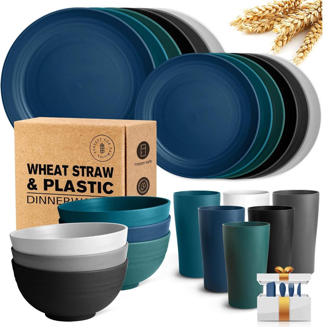 Teivio Kitchen Wheat Straw Dinnerware Set, Dinner Plates, Dessert Plate, Cereal Bowls, Cups, Unbreakable Plastic Outdoor Camping Dishes (Service for 6 (24 piece with flatware), Coastal Multicolor）