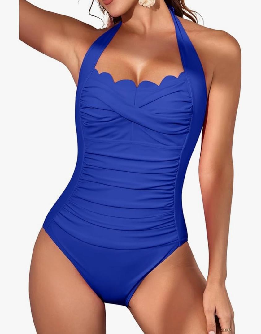 Eomenie Women One Piece Tummy Control Swimsuit Halter Scallop Trim Bathing Suits 1 Piece Vintage Ruched Slimming Swimwear Blue M