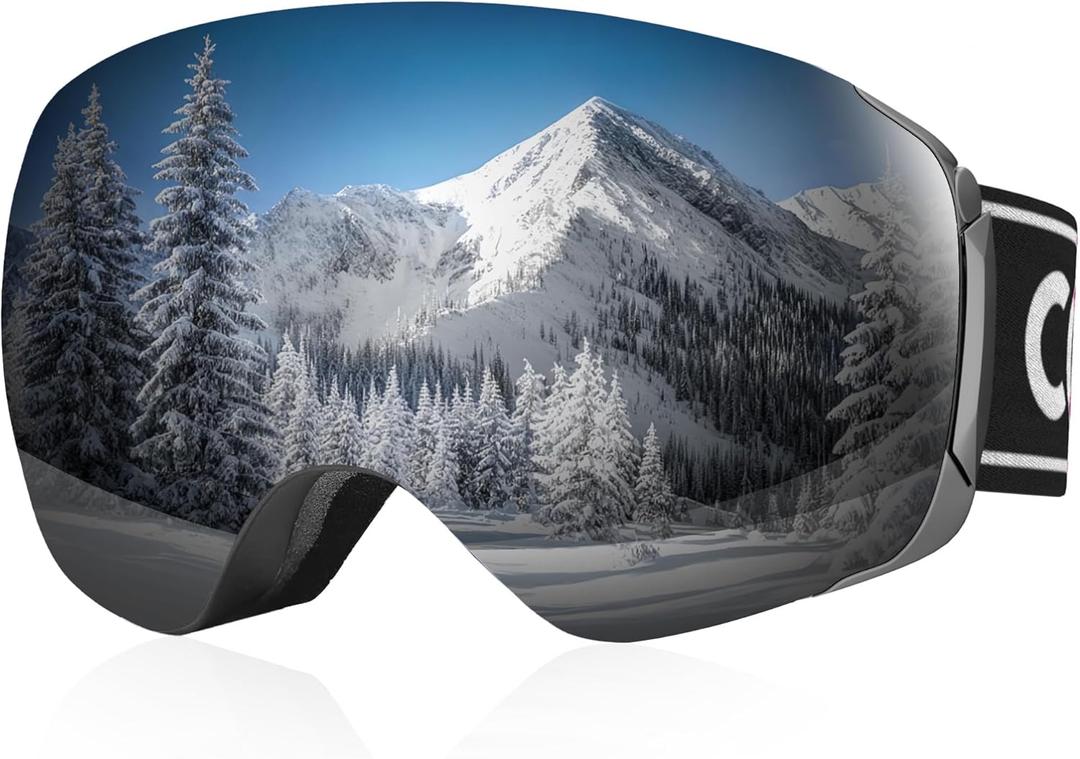 COOLOO Snow/Ski Goggles, Snowboard Goggles for Men Women Youth -OTG, Magnetic Lens Frameless Anti Fog 100% UV Protection (01. Black Frame, Silver Revo Lens, Vlt 9.5%)