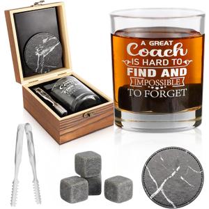 Whiskey Glass Gifts for Coaches, Best Coach Gift for Men, Thank You Gifts for Coaches with 12oz Whiskey Glasses, Stones, Coaster, Wooden Box for Baseball, Softball, Soccer, Basketball Coach