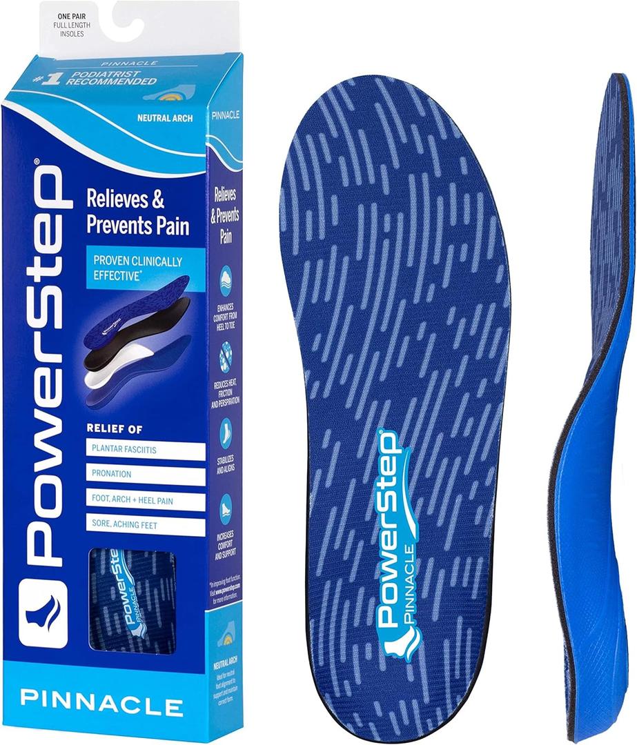 PowerStep Pinnacle Insoles - Orthotics for Plantar Fasciitis Relief – Made in USA Orthotic Insoles for Arch Support with Moderate Pronation - #1 Podiatrist Recommended (M 10-10.5 W 12)