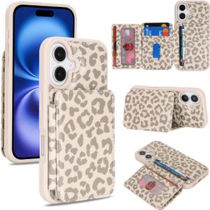 Cavor Compatible with iPhone 16 Wallet Case with Card Holder, Credit Slots Kickstand Stand Phone Case for Women Men, PU Leather Protective Case-Beige Leopard