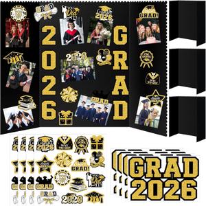 4 Set Graduation Photo Display Board, Class of 2026 Black Gold Trifold Poster Board with Grad Pattern Stickers, Graduation Photo Props Collage for Multiple Pictures Party Decorations, 16x24 Inch